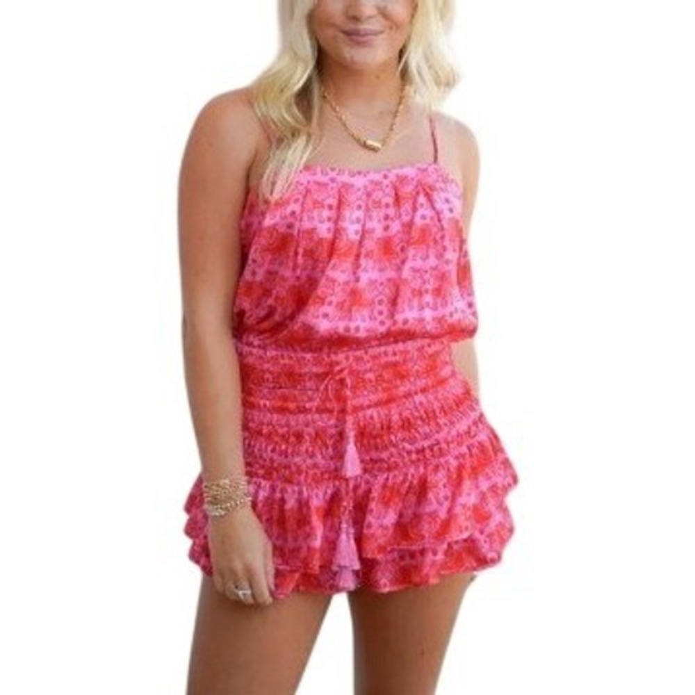 SHUG Womens Smocked Ruffle Skirt 100% Silk L Pink Red Bulldog Maximalist Ballet